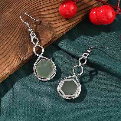 Hexagon Natural Green Aventurine Dangle Earrings EJEW-K298-01P-03-1