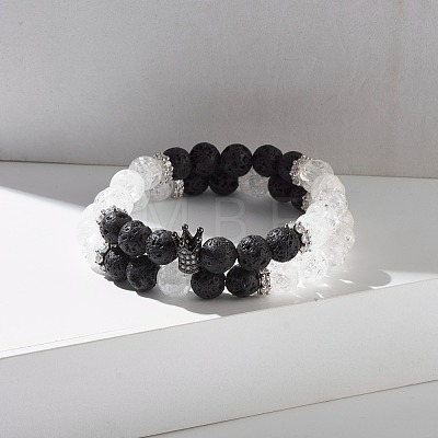Natural Crackle Quartz & Lava Rock Round Beads Stretch Bracelets Set BJEW-JB07205-1