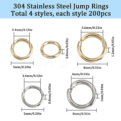 SUNNYCLUE 800Pcs 4 Styles 304 Stainless Steel Jump Rings STAS-SC0006-08-1