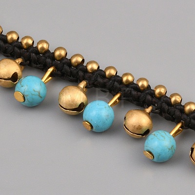Bohemian Synthetic Turquoise & Brass Bell Tassel Braided Waxed Cord Anklets for Women AJEW-WH0696-540-1