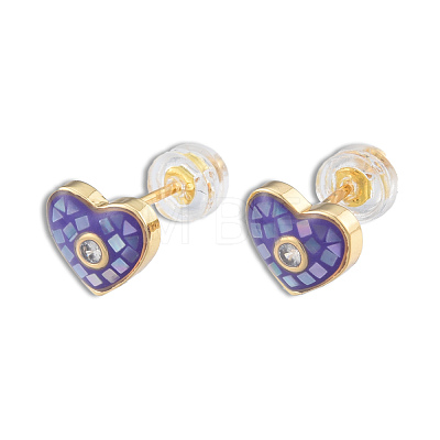 Natural Shell & Enamel Heart Stud Earrings with Cubic Zirconia EJEW-N011-79A-1