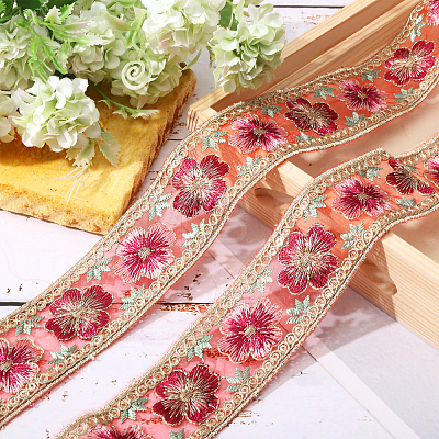 5 Yards Embroidered Organza Flower Ribbons SRIB-GL0001-02-1