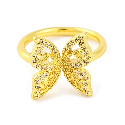 Butterfly Brass Micro Pave Clear Cubic Zirconia Open Cuff Ring for Women RJEW-U003-13G-1
