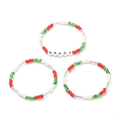 3Pcs 3 Style Glass Seed Stretch Bracelets Set with Word Happy Acrylic Beads for Women BJEW-JB08202-1