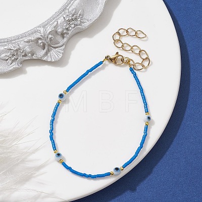 Evil Eye Lampwork & Glass Seed Beaded Bracelet with Real 18K Gold Plated 304 Stainless Steel Clasps BJEW-JB09998-1