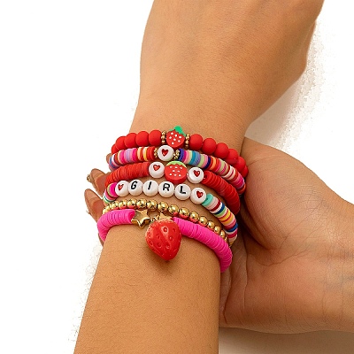 6Pcs 6 Styles Bohemian Style Polymer Clay Stretch Bracelets Set PW-WG3B193-02-1