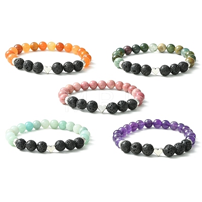 Natural Mixed Stone & Lava Rock & Alloy Heart Beaded Stretch Bracelet BJEW-JB09633-1