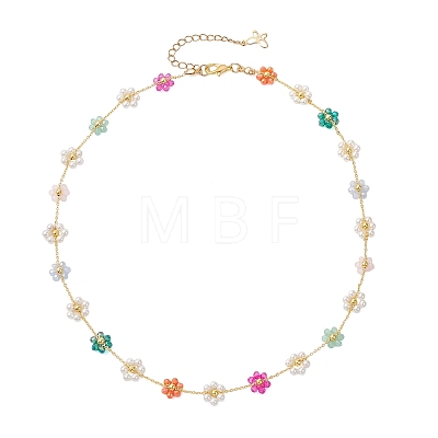Glass & Shell Pearl Beaded Flower Brass Link Chain Necklaces for Women NJEW-JN06278-1