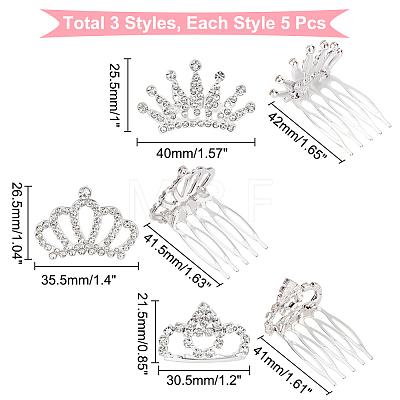 15Pcs 3 Style Crown Alloy Rhinestones Hair Combs FIND-CA0005-94-1