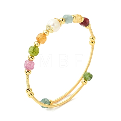 Natural Gemstone & Freshwater Pearl Beaded Copper French Wired Cuff Bangles for Women BJEW-JB13987-1