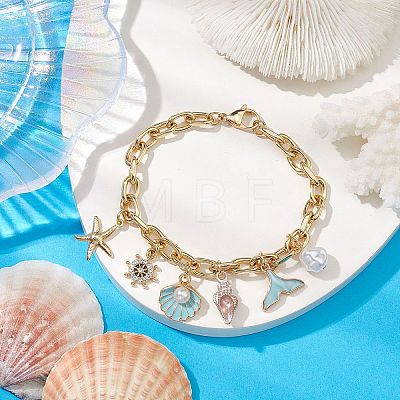 Summer Beach Starfish & Shell Shaped Alloy Enamel & ABS Plastic Imitation Pearl Charm Bracelets BJEW-JB10539-1