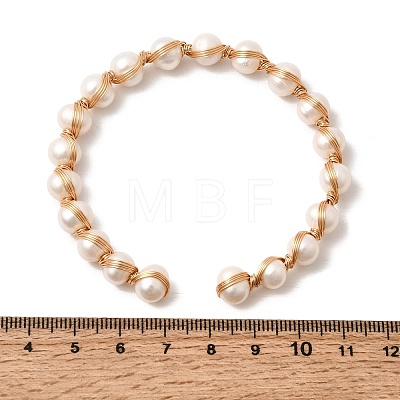 Brass Wire Wrapped Natural Pearl Open Cuff Bangles for Women BJEW-D453-04G-1