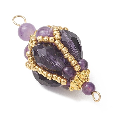 Bohemian Natural Amethyst Round with Glass Beaded Teardrop Links Connector Charms PALLOY-MZ01227-02-1