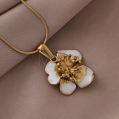 3Pcs Stainless Steel Enamel White Flower Pendant Round Snake Chain Necklaces for Women OT9180-2-1