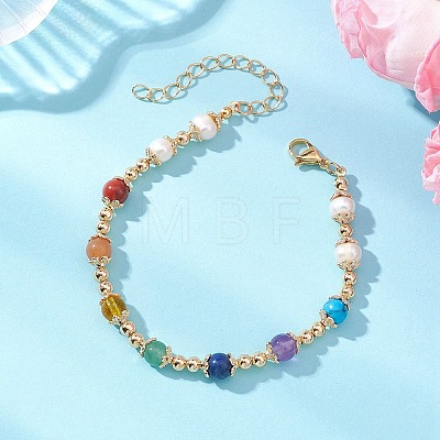 Gemstone & Natural Cultured Freshwater Pearl & Brass Beaded Bracelets for Women BJEW-JB13015-02-1