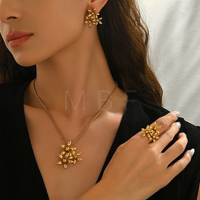 Flower Stainless Steel Stud Earrings & Pendant Necklaces & Rings Sets for Women PR9853-1