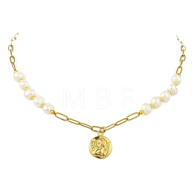 304 Stainless Steel Angel Coin Pendant Paperclip Chain & Potato Natural Pearl Beaded Necklaces for Women NJEW-JN06053-1