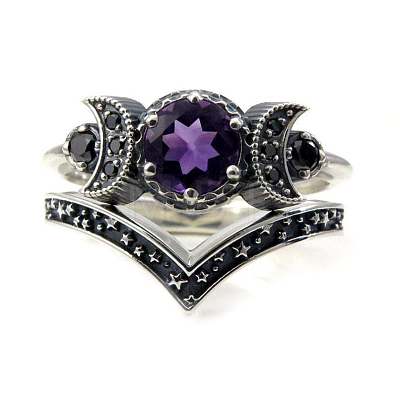 Gothic Purple Crystal Ring with Triple Moon Goddess - Black Diamond Jewelry for Women ST8475010-1