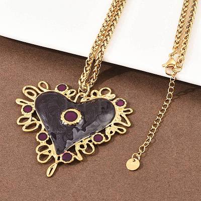304 Stainless Steel Enamel Heart Pendant Wheat Chain Necklaces NJEW-P430-04B-G-1