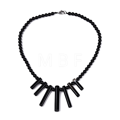 Natural Black Onyx Round Beaded Fan Bib Necklaces NJEW-N064-04A-1