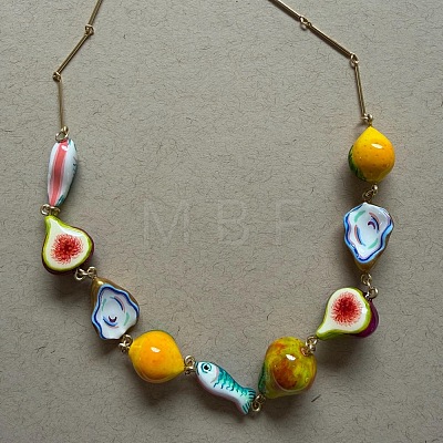 Ocean Resin Fruit Fish Link Chain Necklaces with Alloy Bar Links for Women WG7A601-01-1