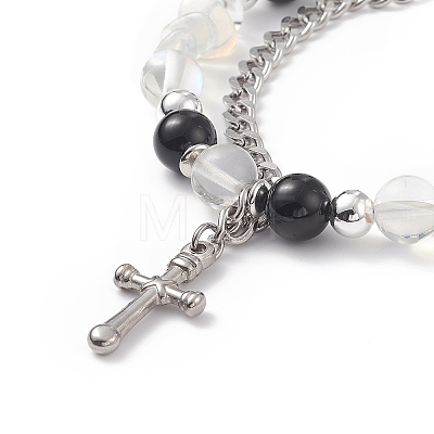 Natural & Synthetic Mixed Stone Beaded Bracelet with Cross Charm BJEW-TA00184-02-1