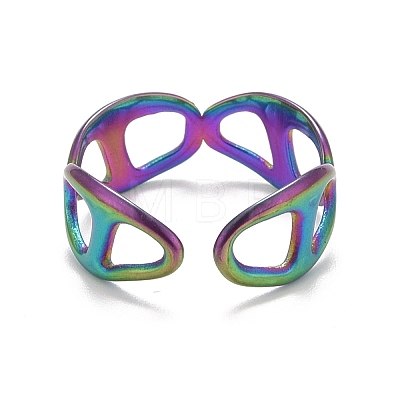 Rainbow Color Ion Plating(IP) 304 Stainless Steel Hollow Open Cuff Ring for Women RJEW-A005-13-1