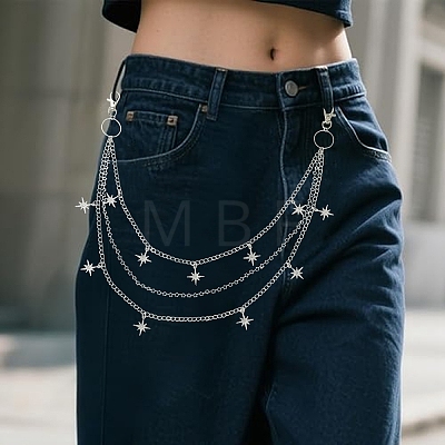 Iron & Brass Star Tassel 3 Layer Pants Chains for Jeans with Alloy Swivel Lobster Claw Clasps HJEW-YW00426-1