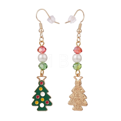 Enamel Christmas Tree with Glass Pearl Dangle Earrings EJEW-JE04961-04-1