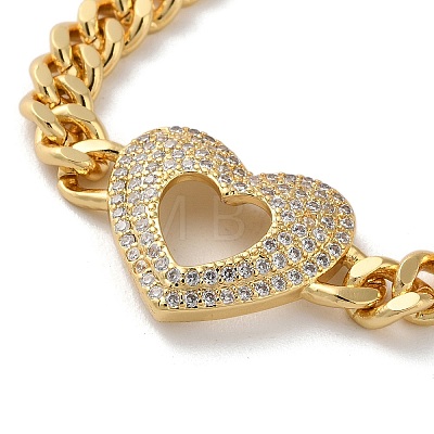 Brass Micro Pave Clear Cubic Zirconia Hollow Heart Cuban Link Chains Bracelets for Women BJEW-M322-02G-1