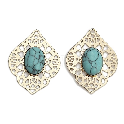 Brass Pave Dyed Synthetic Turquoise Rhombus Filigree Joiners KK-Z088-04G-01-1