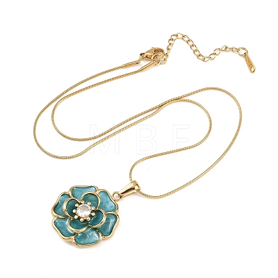 304 Stainless Steel Pave Clear Cubic Zirconia with Enamel Flower Pendant Necklaces NJEW-H088-02G-1