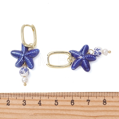 Porcelain & Shell Pearl Bead Dangle Hoop Earrings EJEW-JE07244-1