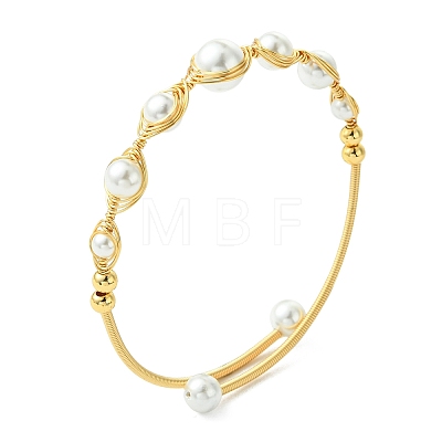 Herringbone Wire-Wrapped Shell Pearl Brass Cuff Bangles BJEW-JB14036-1