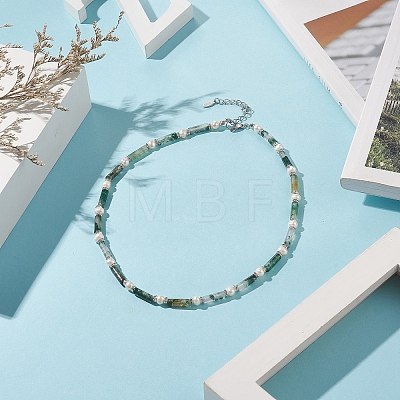 Natural Moss Agate & Pearl & Crystal Rhinestone Beaded Necklace for Women NJEW-JN04209-04-1