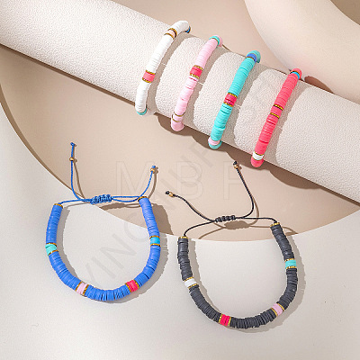 6Pcs Bohemian Style Polymer Clay Disc Beads Braided Bead Bracelets for Women FS-WG52209-01-1