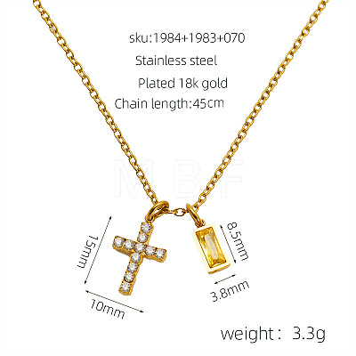 304 Stainless Steel Pave Cubic Zirconia November Birth Stone Religion Cross and Rectangle Pendant Necklaces WG51992-05-1