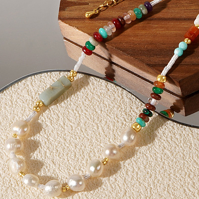 Potato Natural Freshwater Pearl & Rondelle Mixed Stone & Brass Beaded Necklaces for Women VY0852-1
