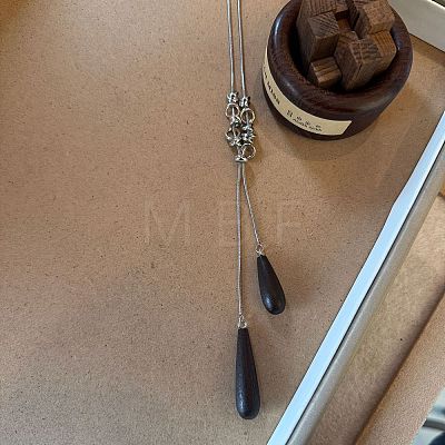 Adjustable Wood Teardrop Tassel Alloy Chain Lariat Necklaces for Women WGF9A15-02-1