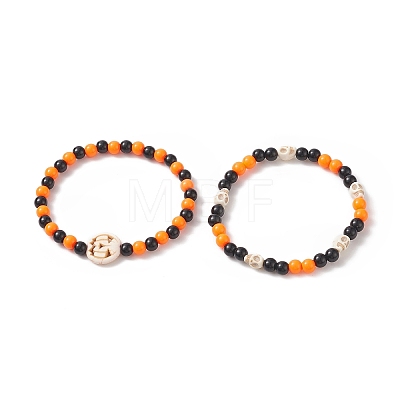 Halloween Skull & Pumpkin Jack-O'-Lantern Synthetic Turquoise(Dyed) Stretch Bracelets Sets BJEW-JB09198-1