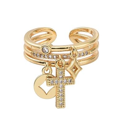 Clear Cubic Zirconia Cross & Coin & Star Charms Open Ring RJEW-P032-31G-1