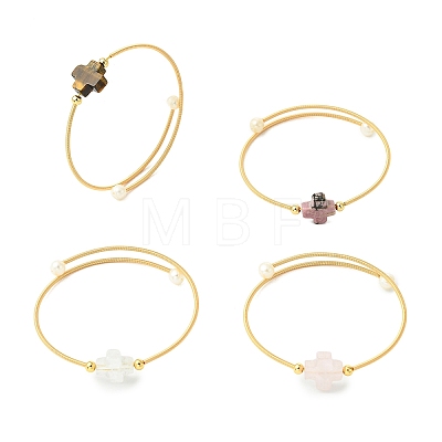 Natural Gemstone & Freshwater Pearl Beaded Copper French Wired Cuff Bangles for Women BJEW-JB13983-1