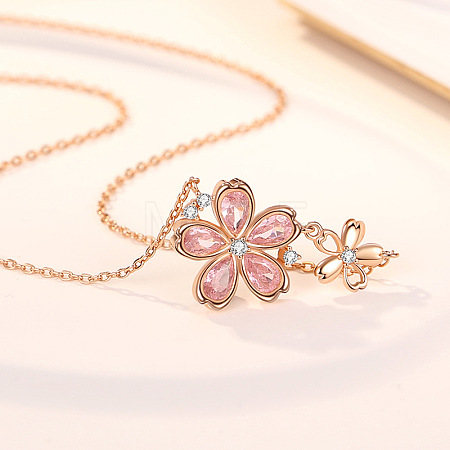 925 Sterling Silver Pave Pink Cubic Zirconia Double Sakura Flower Pendant Cable Chain Necklaces for Women FS-WGCE9CB-01-1