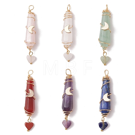 6Pcs 6 Styles Natural Carnelian & Green Aventurine & Rose Quartz & Quartz Crystal & Lapis Lazuli & Amethyst Copper Wire Wrapped Faceted Bullet Heart Pendants PALLOY-JF03482-03-1