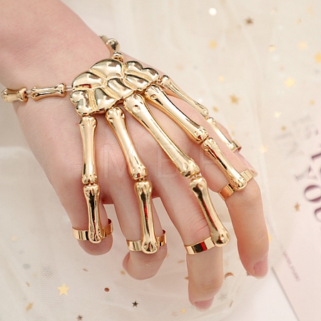 Halloween Themed Skull Alloy Full Hand Ring Bracelet BJEW-L680-01G-1