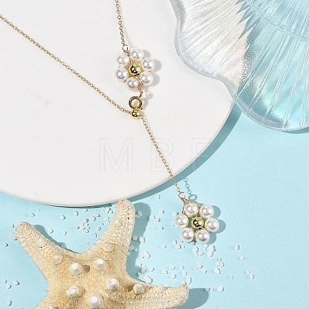Adjustable Brass Shell Pearl Beaded Flower Pendant Lariat Necklaces NJEW-JN06496-1