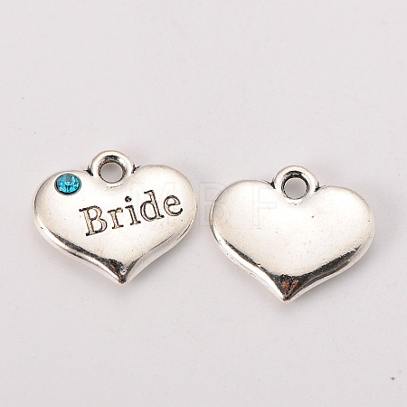 Wedding Theme Antique Silver Tone Tibetan Style Heart with Bride Rhinestone Charms TIBEP-N005-12A-1