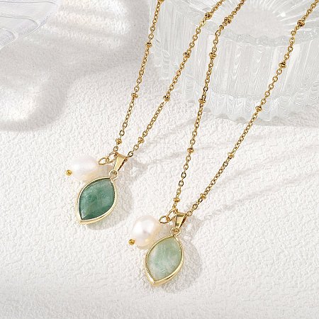 Rice Natural Pearl & Natural Green Fluorite Faceted Horse Eye Pendant 304 Stainless Steel Satellite Chain Necklaces for Women NJEW-JN06261-01-1