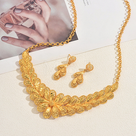 Middle Eastern Bride Brass Flower Necklace & Stud Earrings Sets for Women SX1464-1