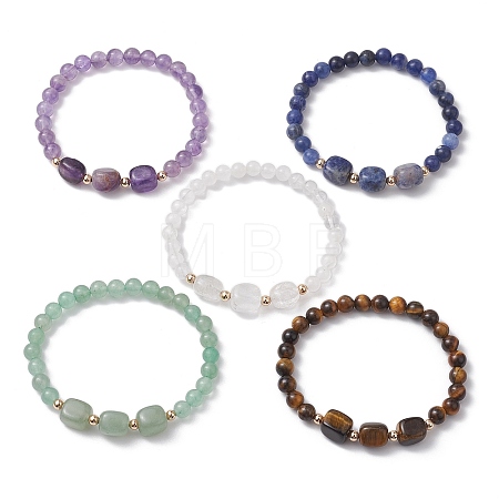 Natural & Synthetic Mixed Gemstone Cube & Round Beaded Stretch Bracelets BJEW-JB10807-1